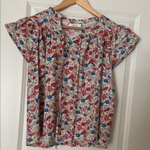 Anna Red and Blue Blouse Flutter Sleeve Peter Pan Collar